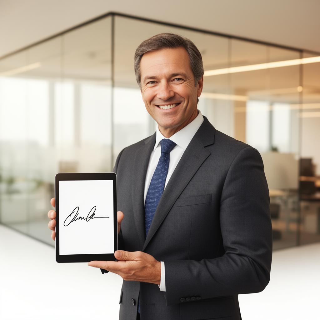 Ejecutivo firmando con DocumentIA en una tablet